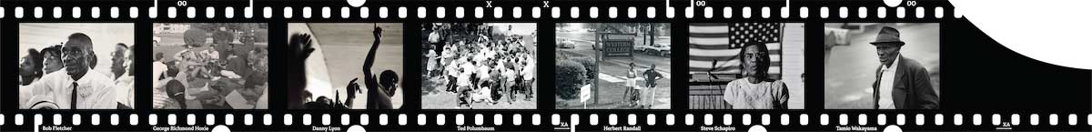 Collage of photographs taken by Bob Fletcher, George Richmond Hoxie, Danny Lyon, Ted Polumbaum, Herbert Randall, Steve Schapiro, and Tamio Wakayama