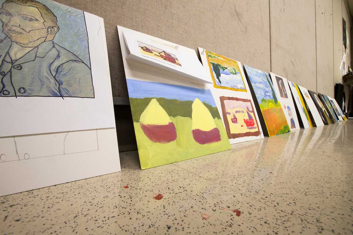 Printmaking samples from various students.