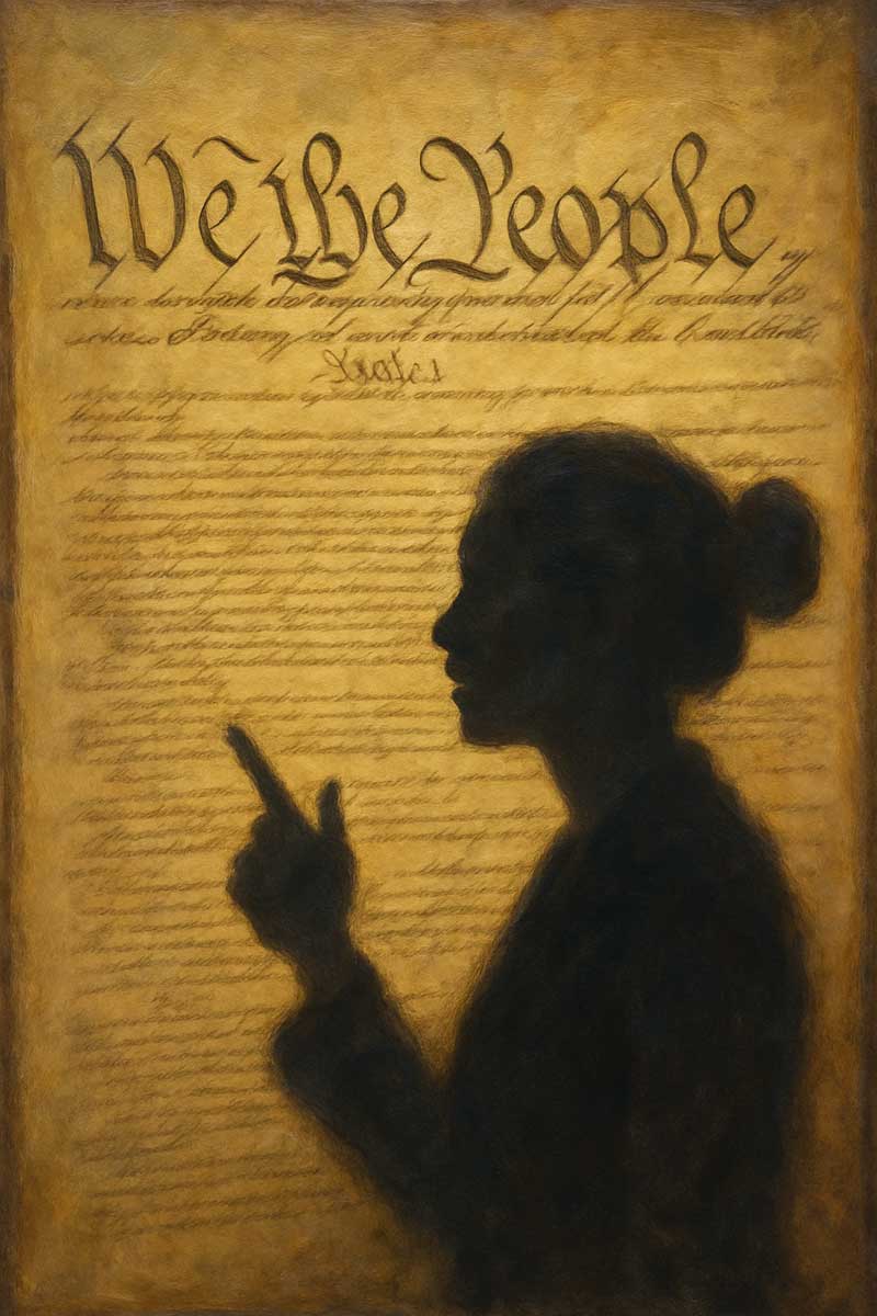 Silhouette of a woman pointing upward in front of the U.S. Constitution’s “We the People” text, with warm, aged parchment tones in the background.