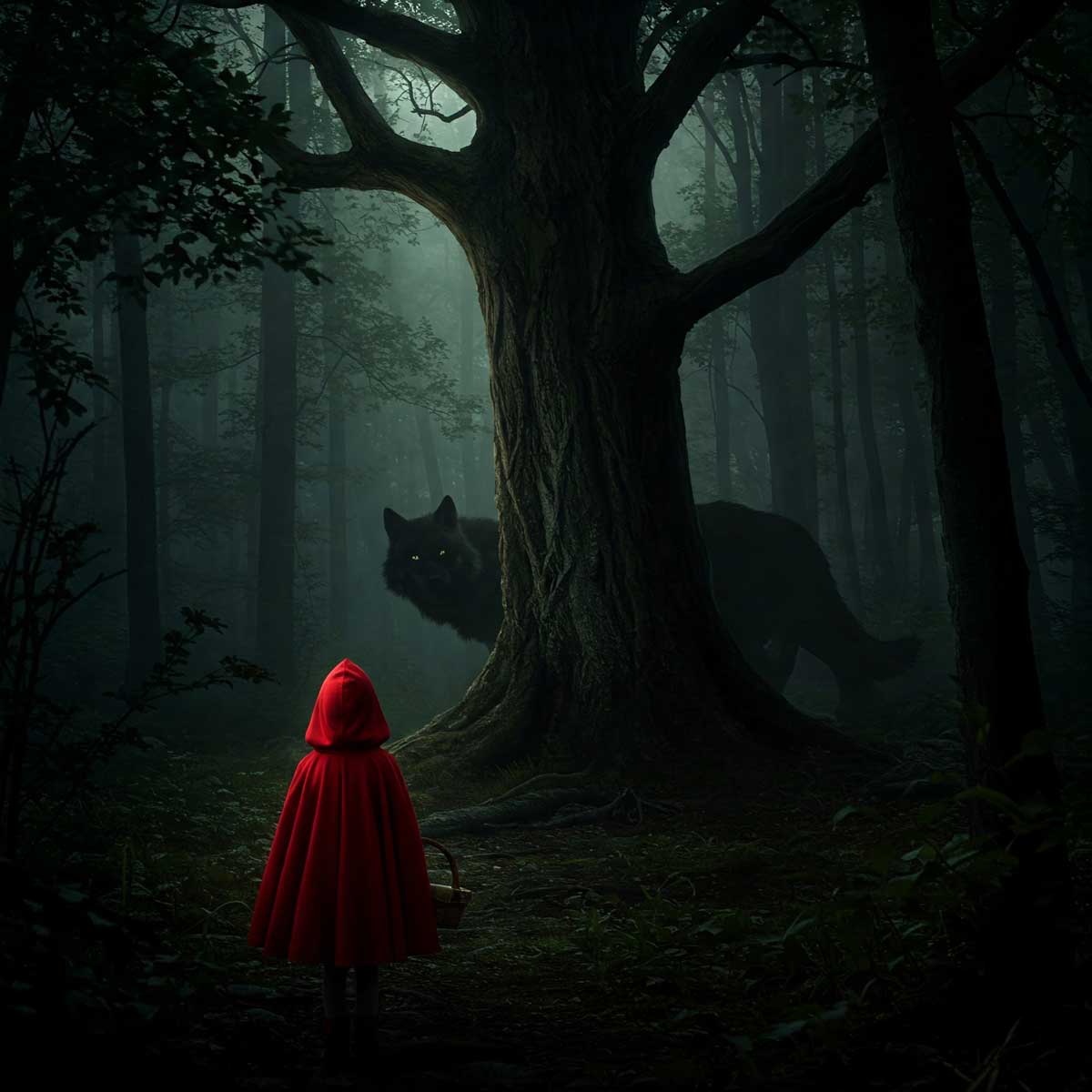 A child in a red cloak stands in a dark, misty forest, facing a large, shadowy wolf with glowing eyes peering from behind a tree