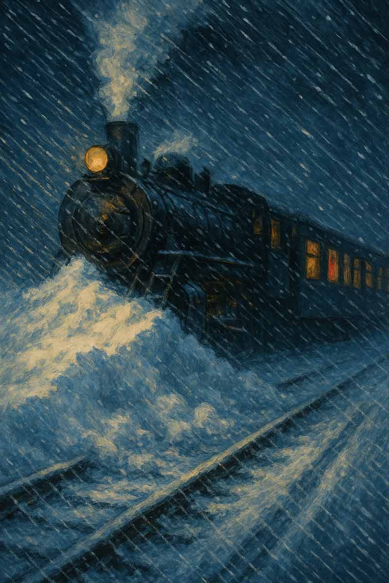 A steam train with a glowing headlight pushes through heavy snow at night during a blizzard, steam and snow swirling in the air.