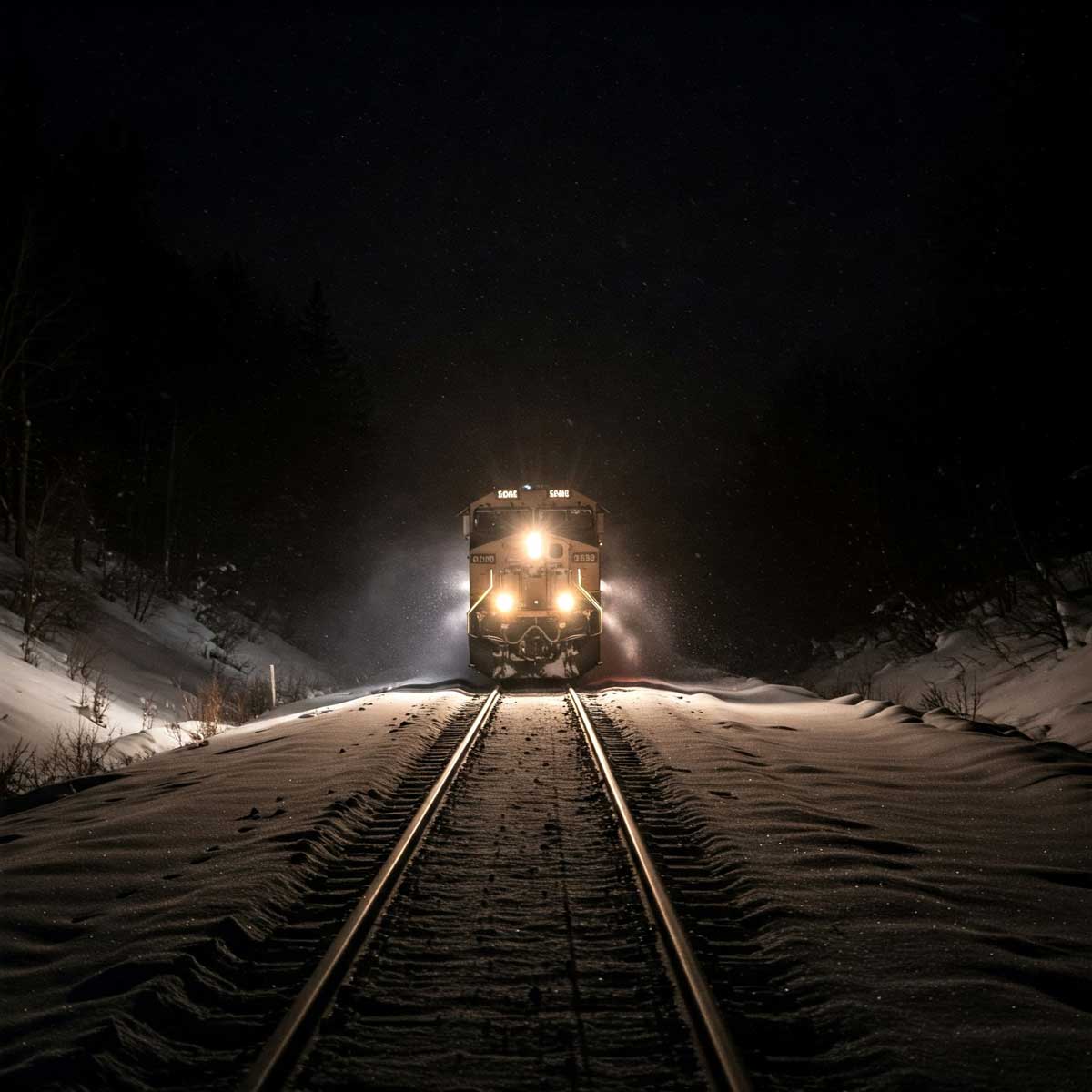A brightly lit train travels through a snowy, dark landscape at night, illuminating the tracks and surrounding snowdrifts as it approaches head-on