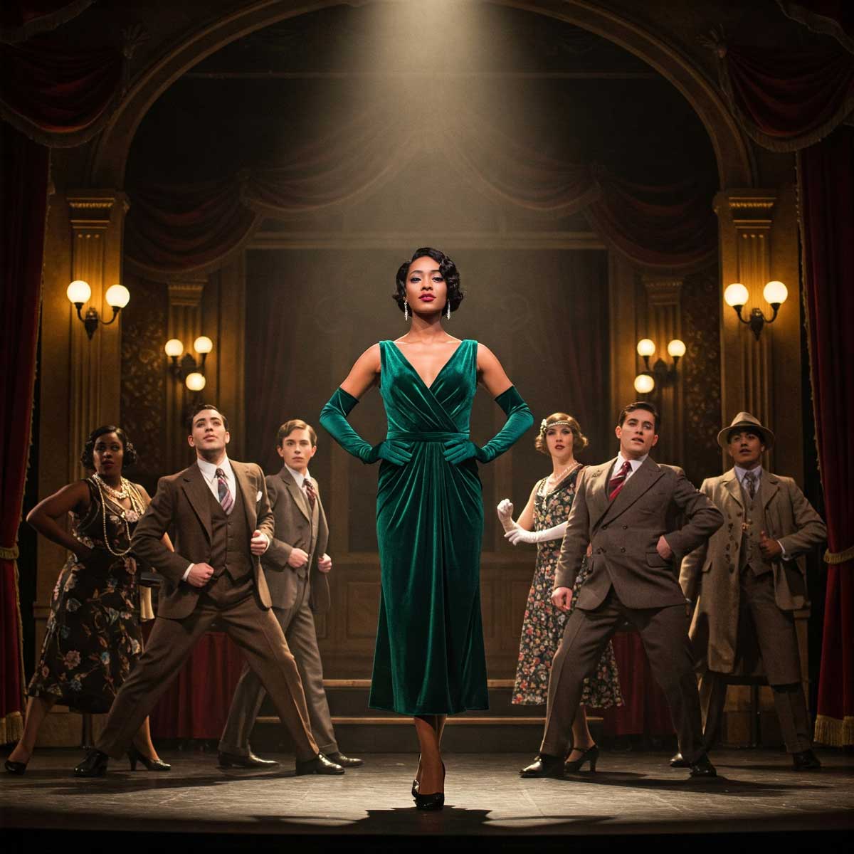 A poised woman in an emerald green dress stands confidently center stage, flanked by a group of stylishly dressed performers in vintage 1930s attire under dramatic lighting