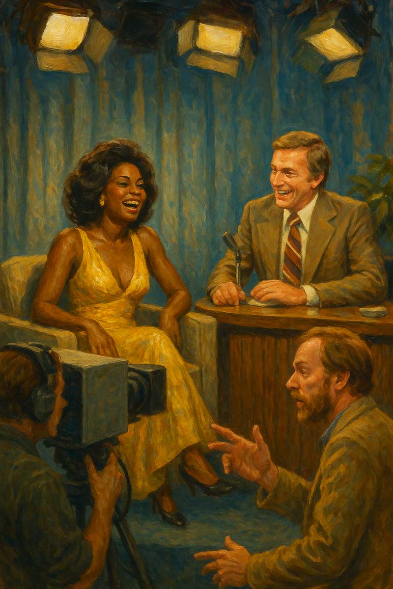 A woman in a yellow dress is interviewed on a TV talk show set, smiling with a suited host. A cameraman films, and stage lights shine above.