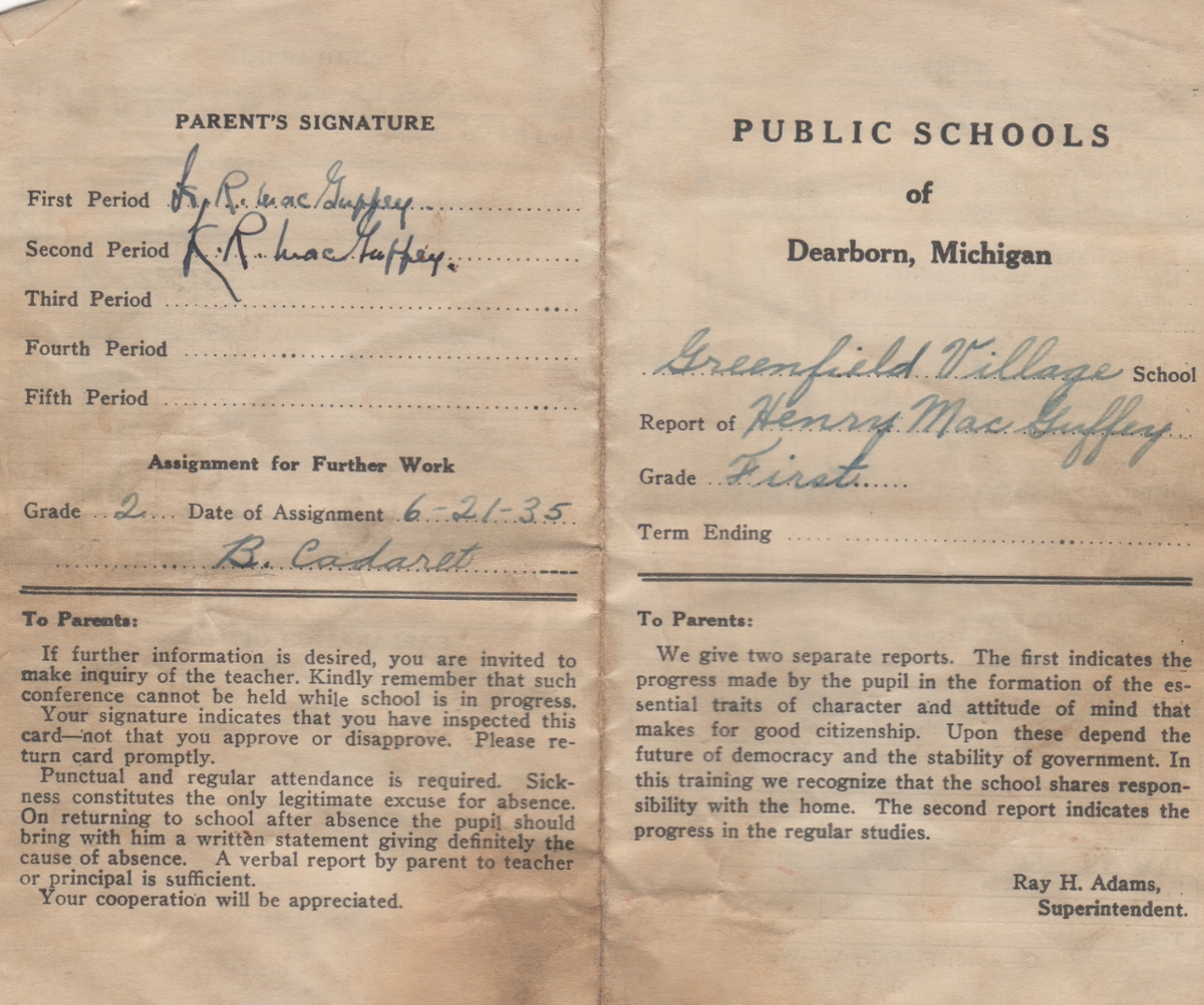 Front and back cover of report card