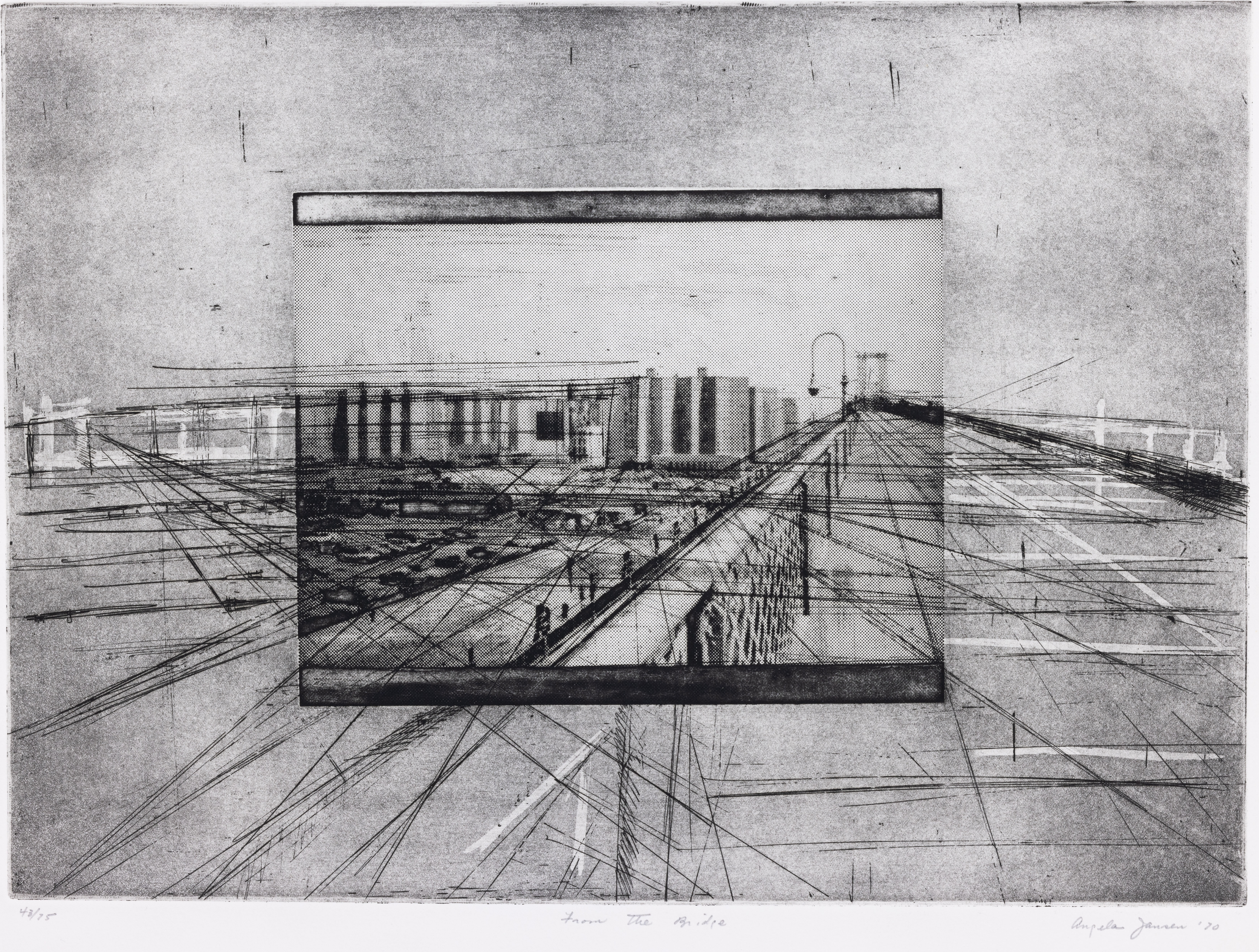 Angela Bing Jansen (American, b. 1929) From the Bridge, 1970 Intaglio and photo-etching on paper, 12 ⅝ x 17 ½ inches Miami University Art Museum purchase with support from the Department of Art 2022.10