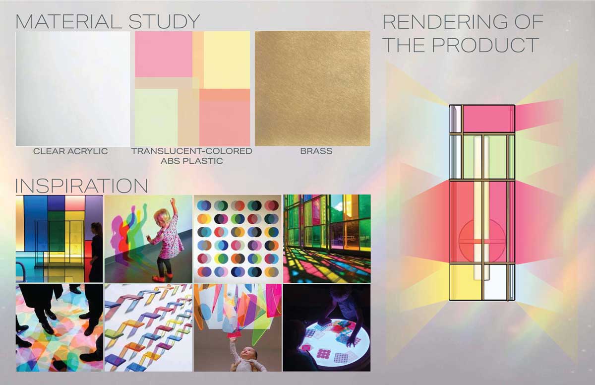 Examples of the clear acrylic, translucent-colored ABS plastic, and brass materials used to create the lamp in a section titled Material Study above another section titled Inspiration, featuring eight images displayed in two rows of four images with the first image of the first row showing a woman walking into a room with a shelving structure in the middle of the floor in front of a window of multiple colors in a color blocking style; The second image shows a toddler girl dancing and watching her multiple shadows of various colors created by corresponding lights lit behind her. The third image features 30 pairs of circles of various colors overlapping each other with each pair displayed in six rows of five pairs. The fourth image shows sunlight shining through windows of various colors. The first image of the second row shows the silhouette of people standing in a room with multicolored lights shining from above. The second image shows individual translucent panels of various colors with light shining through them. The third image shows a baby touching a fixture comprised of translucent panels of varying shapes and colors. The fourth image shows children shuffling through filters on a backlit table in a darkened room. These two sections are displayed next to the rendering of the product.