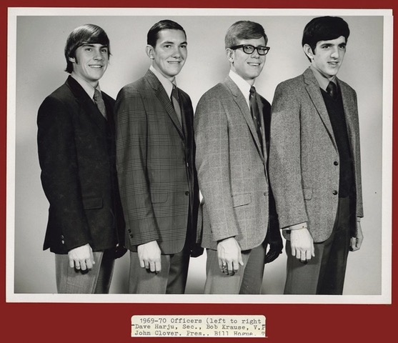 1969-1970 Glee Club officers. From Left to Right Secretary Dave Harju, Vice President Bob Krause, President John Clover, and Treasurer Bill Hogue