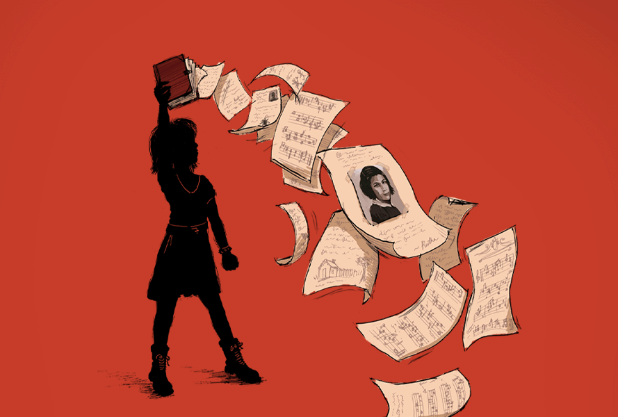 Black illustration of a girl with a point tail standing in a power stance while holding a book above in her left hand with her arm extended above her head. Sheets of music come from the book and fall towards the floor