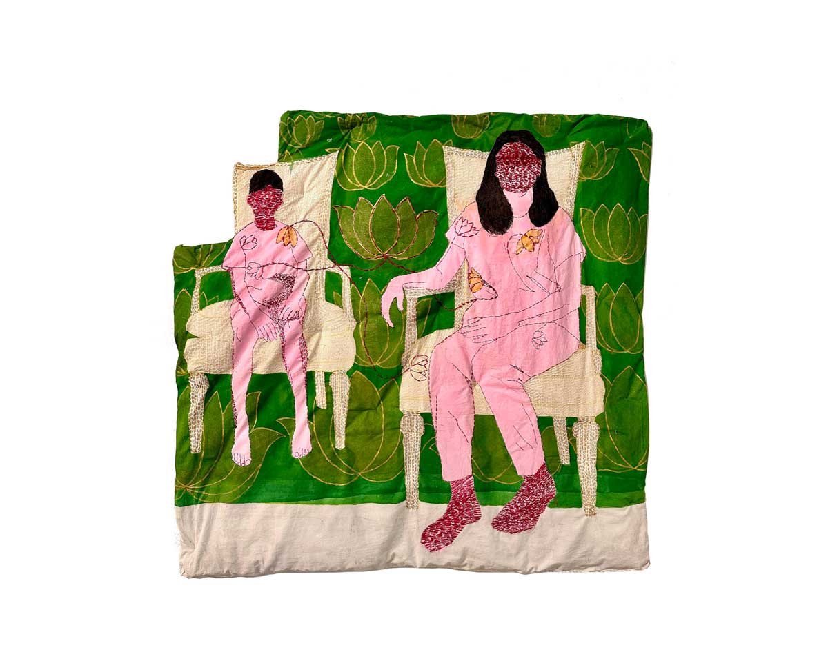 art piece depicting a mother and daughter seated in chairs next to each other