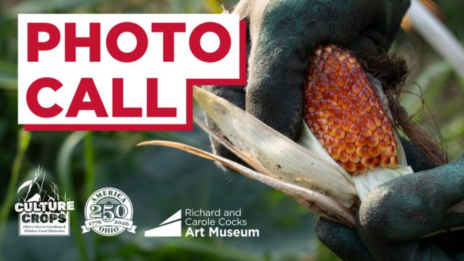 Close-up of gloved hands peeling back the husk on a red ear of corn, with bold “Photo Call” text above art museum and America 250 logos.