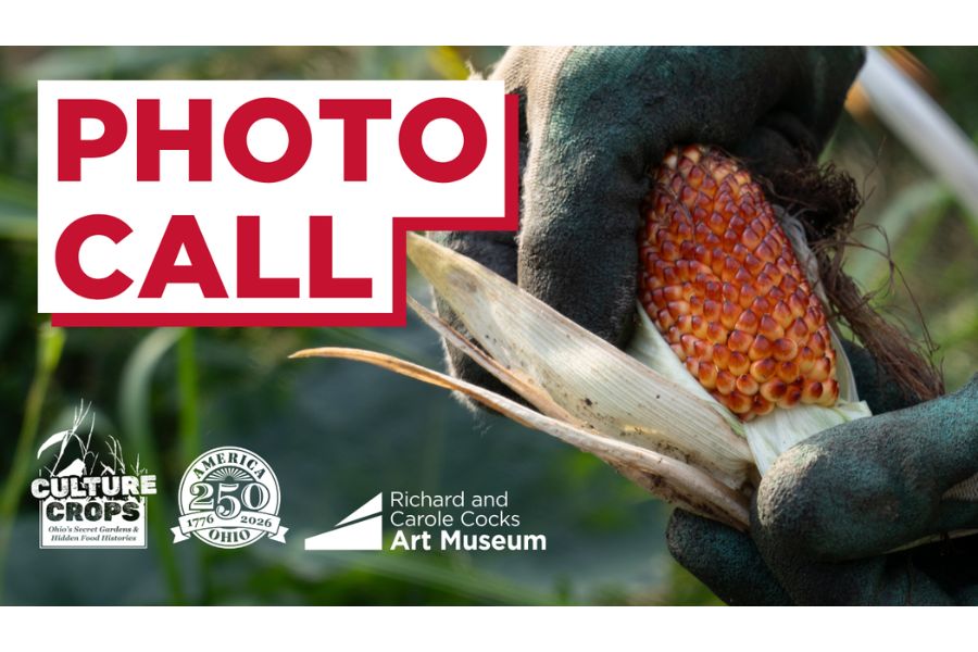 Close-up of gloved hands peeling back the husk on a red ear of corn, with bold “Photo Call” text above art museum and America 250 logos.