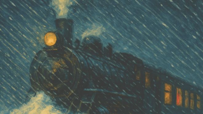 Steam train pushes through heavy snow at night with lit windows and a glowing headlamp.