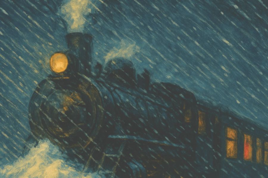 Steam train pushes through heavy snow at night with lit windows and a glowing headlamp.