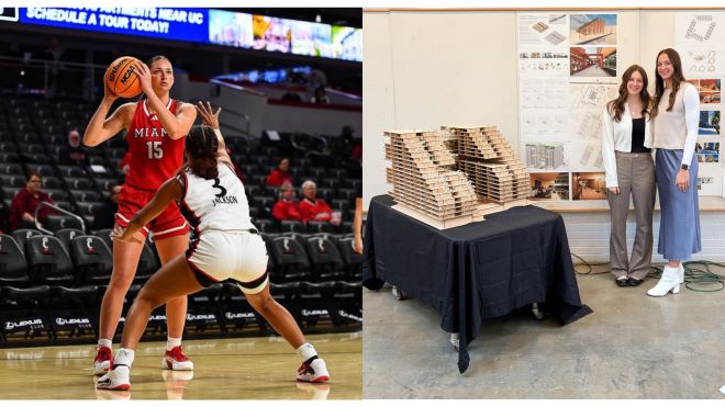 Split image of Amber Tretter playing basketball and of she and Zoe Cowles standing beside an architectural model in a classroom.
