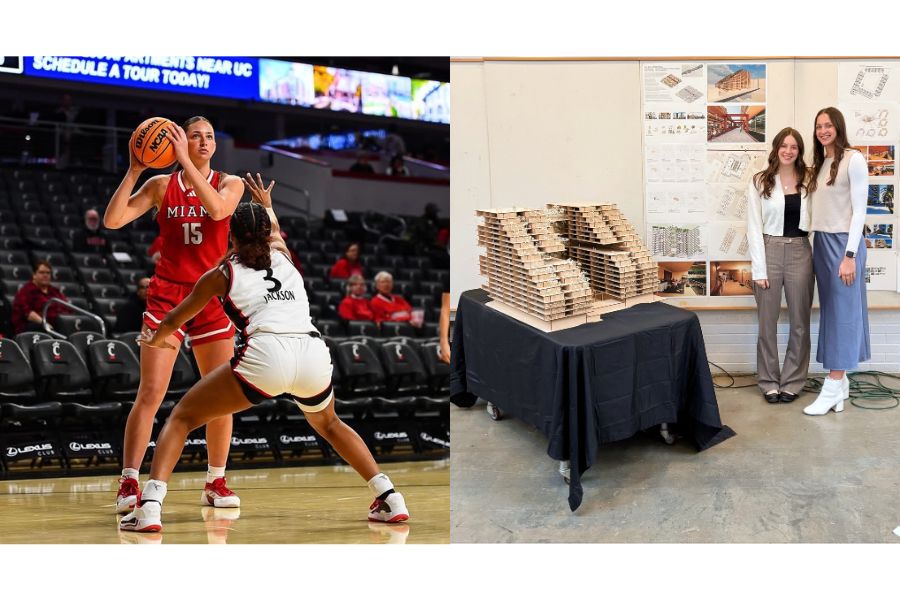 Split image of Amber Tretter playing basketball and of she and Zoe Cowles standing beside an architectural model in a classroom.