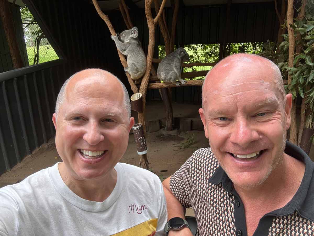 Jason T. Busch and Duane G. Middendorf and the koalas in Sydney, Australia, 2025.