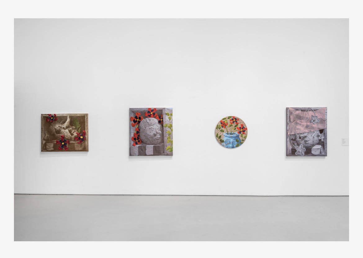 Four paintings by Michael Stillion feature textured faces and red flowers, including a circular painting of flowers in a blue vase.