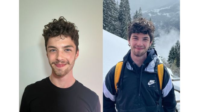 Side-by-side images of Anderson Knapp featuring a headshot of Knapp smiling against a neutral background and Knapp standing outdoors in a snowy mountain landscape wearing a jacket and backpack.