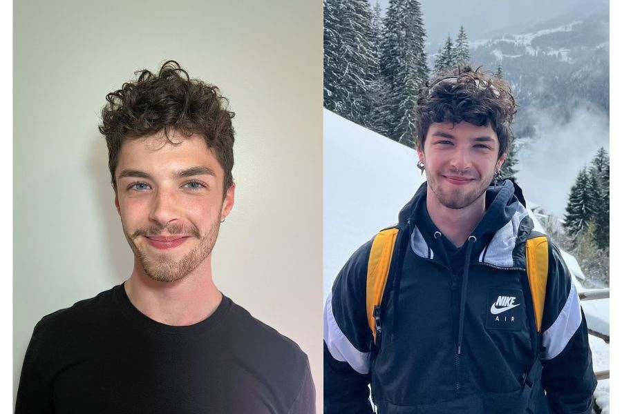 Side-by-side images of Anderson Knapp featuring a headshot of Knapp smiling against a neutral background and Knapp standing outdoors in a snowy mountain landscape wearing a jacket and backpack.