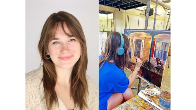 Side-by-side images of Ava Suarez featuring a headshot of Suarez smiling at the camera and Suarez painting at an easel in an art studio.