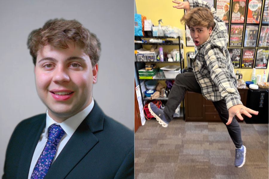 Side-by-side images of Jack Drayer featuring a formal headshot of Drayer in a suit and tie and Drayer jumping mid-action in an office space.