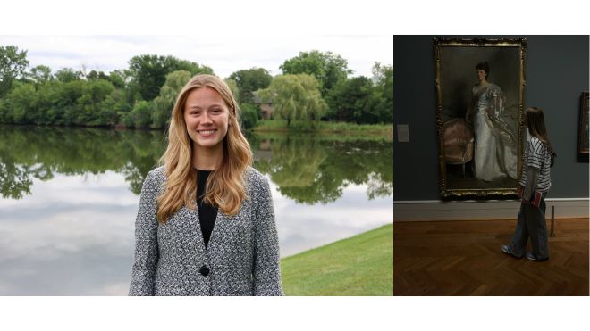 Hayley Beardsley smiles beside a calm lake with tree reflections, alongside a scene of her in an art museum viewing a large framed portrait.