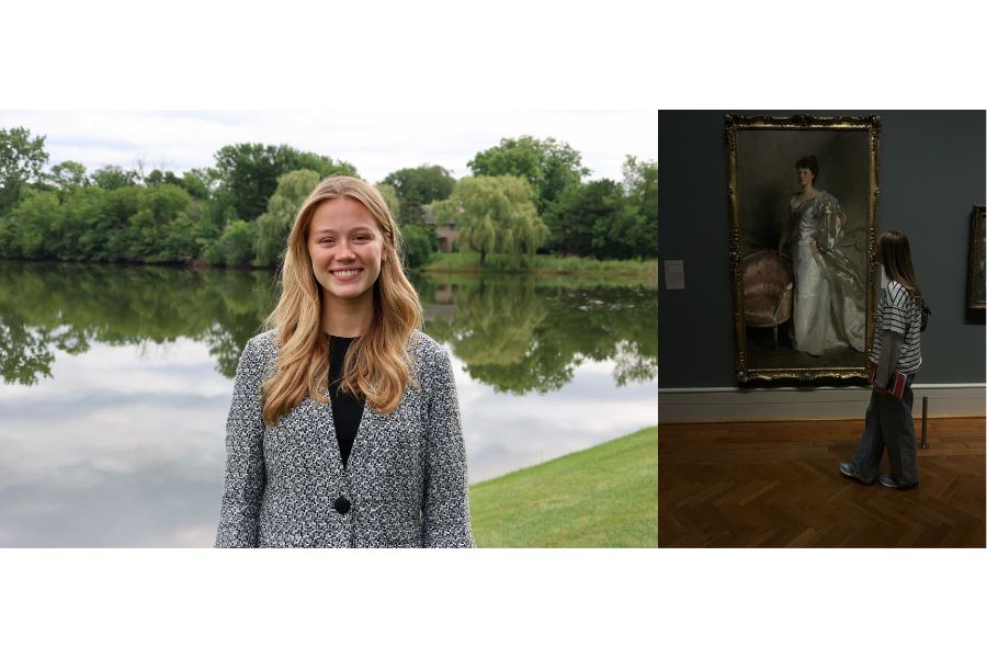 Hayley Beardsley smiles beside a calm lake with tree reflections, alongside a scene of her in an art museum viewing a large framed portrait.