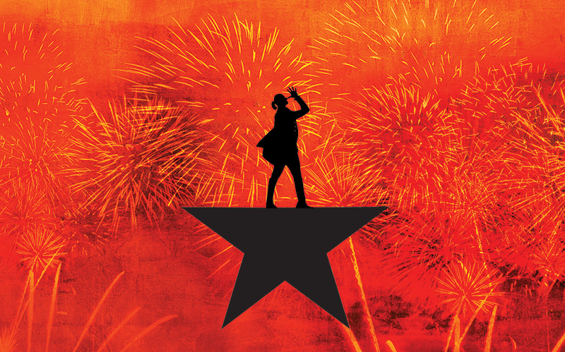 Graphic with a black start with the silhouette of a man making a funny face that is a play on the Hamilton musical logo
