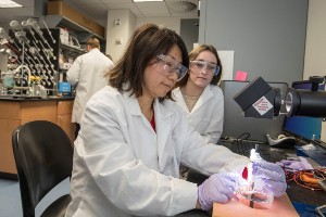 Dr. Kerr and a student working on a CPB lab