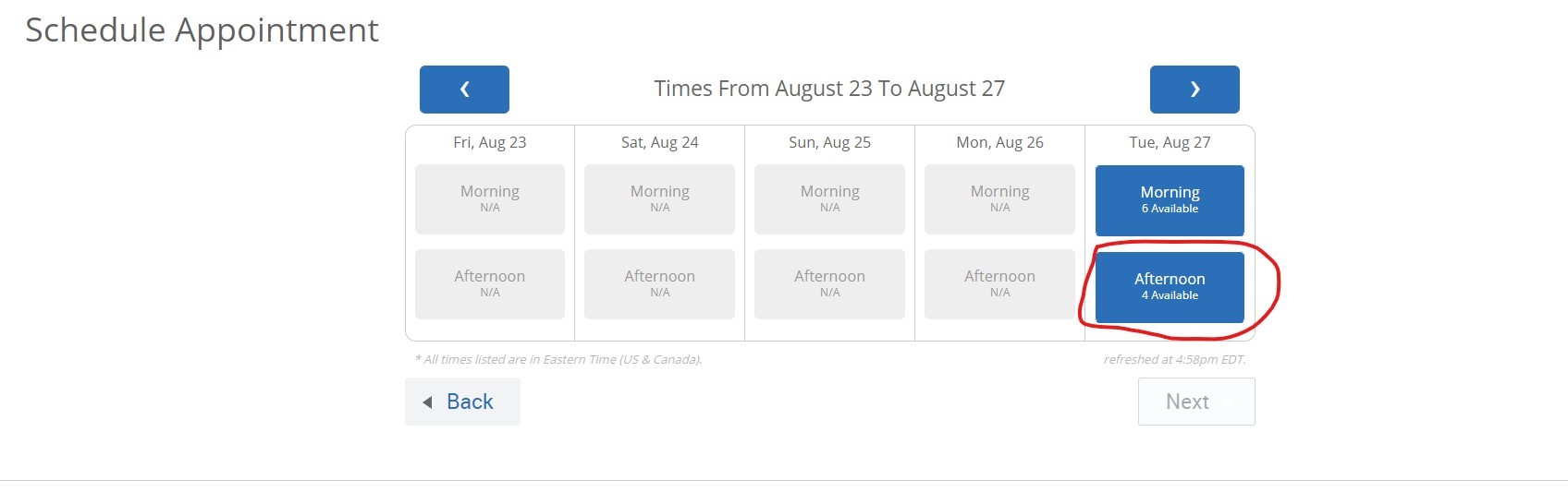 After you select the location and advisor you would like to meet with, the selected advisor's weekly calendar will appear.    If you prefer to meet during a later week, select the right facing arrow on the top right corner of the screen to show future dates.  When you find the day that you would like to meet with your advisor, click either the morning or afternoon box.