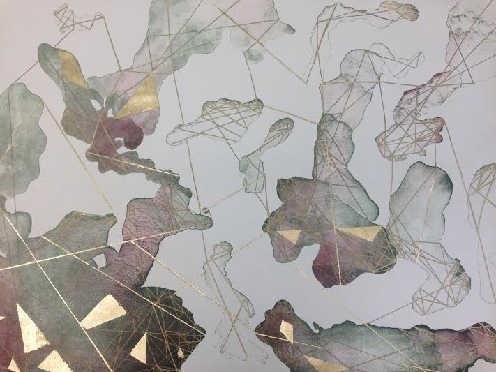 Several shapes of washed-out color, each connected and passed through by a myriad of gold lines. Gold triangles and quadrilaterals can be seen here and there.