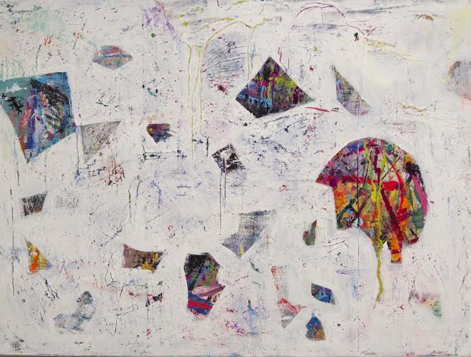 A very colorful painting that has been mostly painted over with white. you can still see spots of the original painting in small holes in the white, and there have also been left large holes through which you can see the original painting: an area of red and yellow is featured prominently, as well as an area of blue, and one of dark colors.