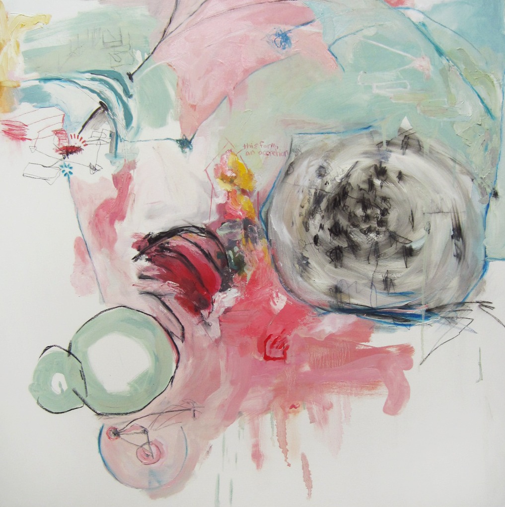 In the top middle area is a pink patch, surrounded by an area of teal, on the far left side of which is a small, tall patch of yellow. on the bottom right part of the teal area is a large washed-out black swirl, with dark black spots scattered through it. The area down and to the left of this swirl is hot pink, and the area straight left of it is hot pink with some yellow patches and black lines. to the bottom left of this area is a small green ring, attached to a larger green ring, both outlined in black.