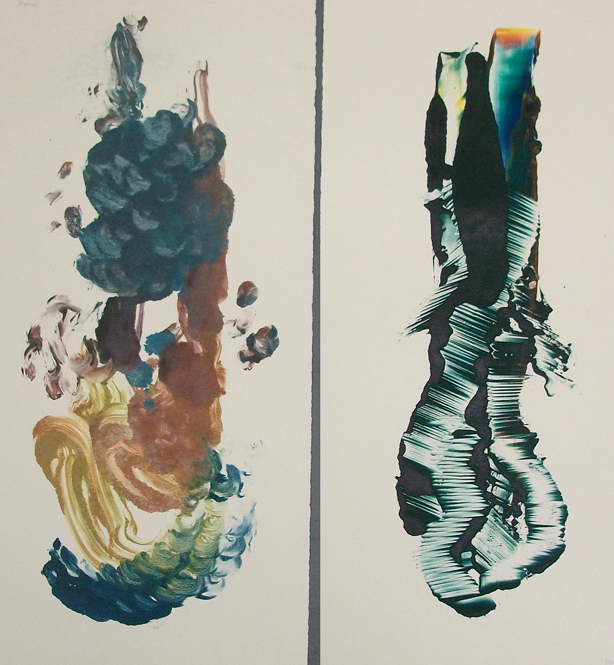 Two forms on a beige background, separated by a gray line. On the left is a form that has a patch of green on the top, a tall patch of brown along the right side, a mustard yellow patch and a dark brown patch on the left side, and a curved green patch across the bottom. On the right is a dark teal shape consisting of several stair-like formations, connected to the underside of three tall forms.