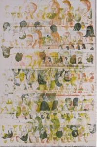 An artwork depicting several head-and-shoulders prints of various orientations, colors, and sizes, all overlapping and on top of each other