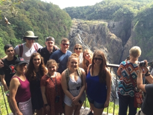 Students in Australia near a waterfall