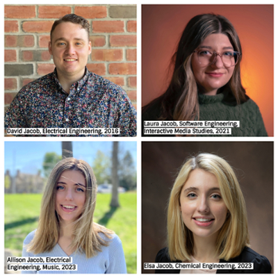 Jacobs Siblings- In top left corner, David Jacob, Electrical Engineering, 2016- In top right corner, Laura Jacob, Software Engineering, Interactive Media Studies, 2021- In bottom left corner, Allison Jacob, Electrical Engineering, Music, 2023- In bottom right corner, Elsa Jacob, Chemical Engineering, 2023