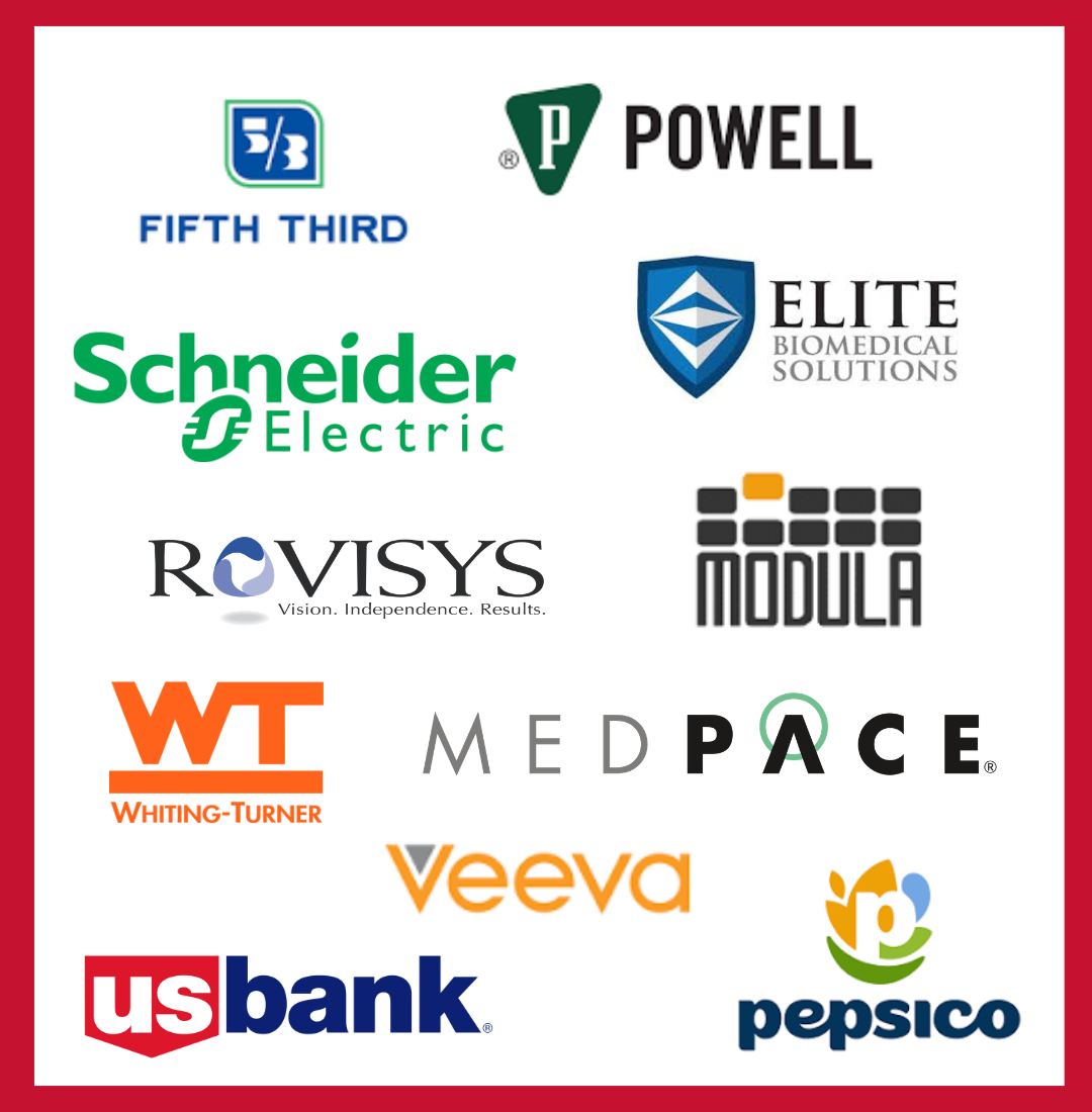 a collection of logos. Modula, Fifth Third, Powell, Schneider Electric, Elite Biomedical Solutions, MedPace, Whiting-Turner, Rovisys, Veeva, US Bank, Pepsico