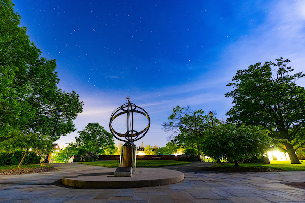 The sundial in Central Quad under a clear blue sky