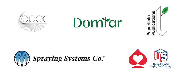 Logos of 5 companies: APEC, Domtar, Paperitalo Publications, Spraying Systems Co., The United States Playing Card Company