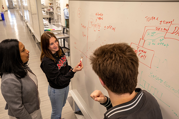 student working together on a problem on a whiteboard
