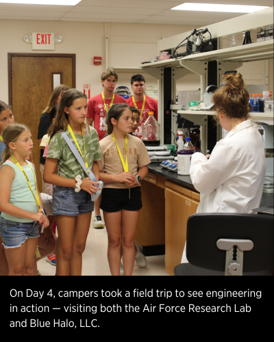 On Day 4, campers took a field trip to see engineering in action — visiting both the Air Force Research Lab and Blue Halo, LLC.