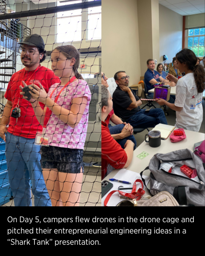 On Day 5, campers flew drones in the drone cage and pitched their entrepreneurial engineering ideas in a “Shark Tank” presentation.