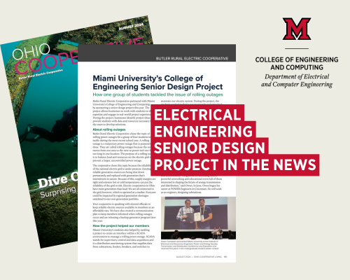 A screengrab of the article featuring the ECE senior design project on rolling outages. In the article photo, Owen Campbell holds the first place award certificate.