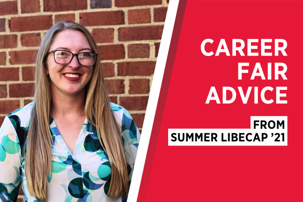 Summer Libecap smiles against a brick background. Text reads: Career fair advice from Summer Libecap '21