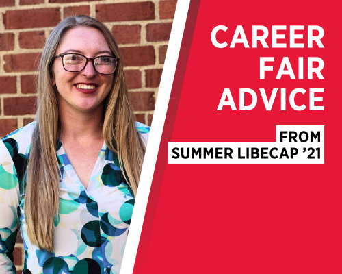 Summer Libecap smiles against a brick background. Text reads: Career fair advice from Summer Libecap '21