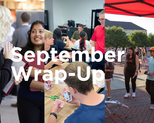 A triptych of images showcase recent events in CEC including the PArty on the Patio, a classroom activity and the STEM career fair.