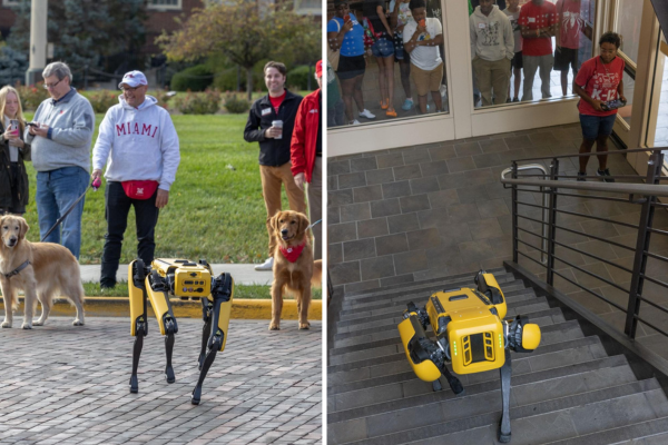 Swoop Dogg, a Boston Dynamics Spot robotic dog, demonstrates stair-climbing and interacts with a pair of real dogs.