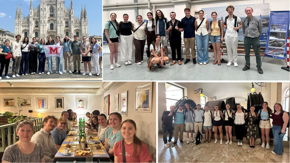 A grid of images demonstrate the study abroad European travels of Professor Amy Yousefi and a group of about a dozen undergraduate engineering students.